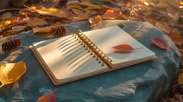 Autumn Reflection: A solitary notebook lies open, a vibrant autumn leaf resting upon its blank page, set amidst a backdrop of fallen foliage, inviting contemplation and creative inspiration.