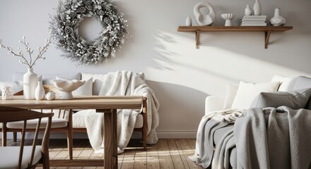Serene Home Interior with Wreath and Rustic Wood Accents