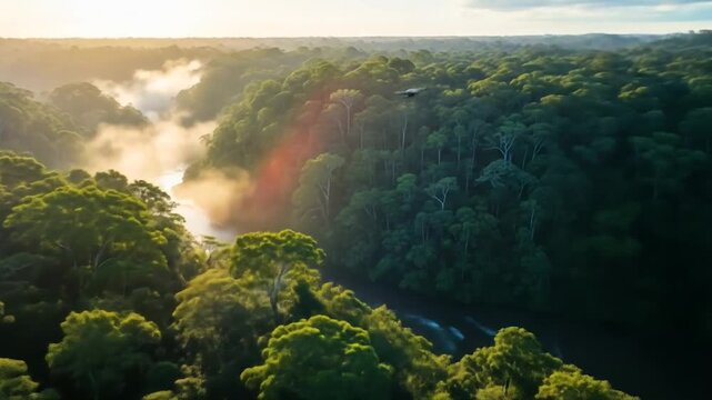 Aerial View of Amazon Rainforest at Sunrise - A Breathtaking Natural Landscape.