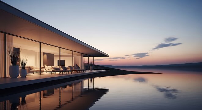 Contemporary house design by the lake during a beautiful sunset light