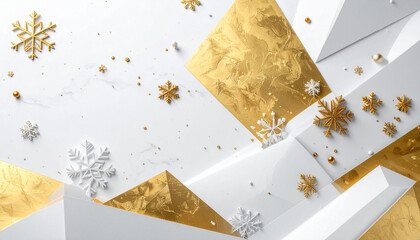 Elegant Winter Holiday Background with Golden and Silver Snowflakes on White Geometric Shapes.