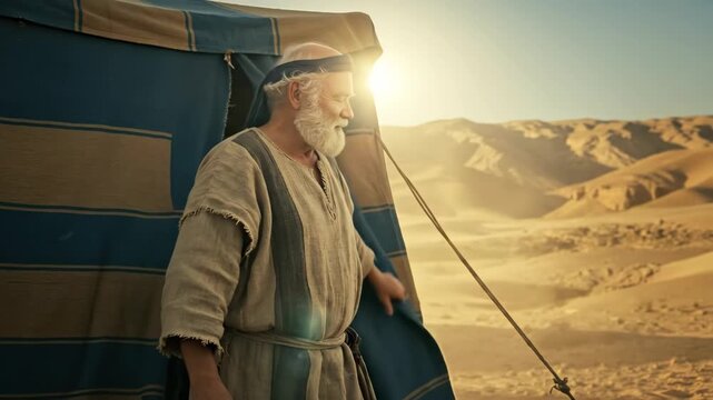 Old testament man emerging from his tent in a desert landscape. Abraham era nomadic life and spiritual journey.