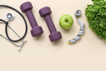 Composition with measuring tape, healthy food, stethoscope and dumbbells on color background