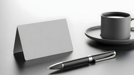 Minimalist workspace setup: A sleek desk arrangement featuring a blank card, a cup of coffee, and a pen. It is simple and elegant and it gives the vibes of professionalism 
