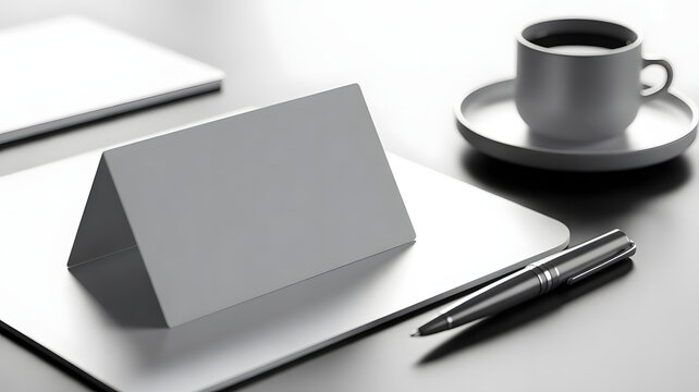 Workspace and Coffee Break: A minimalist scene featuring a blank sign on an organized desk alongside a steaming cup of coffee, pen and paper, perfect for business or creative work, simple setting.