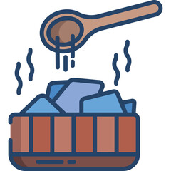 Wooden ladle pouring water onto hot stones in a wooden bucket generating steam for a sauna or spa treatment © Alea