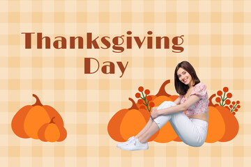 Full image pop contemporary photo collage of happy girl sit pumpkin harvest autumn agriculture thanksgiving day occasion