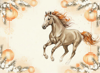 New Year banner with a galloping horse symbolizing the year, adorned with festive decorations and lanterns