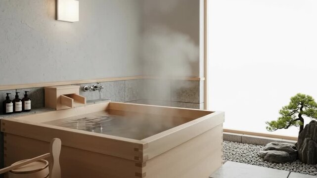 Serene japanese soaking bath with rippling water and minimalist design