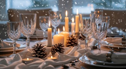 Festive winter dinner table setting with glowing candles, crystal glasses, and pinecones, creating a warm and elegant ambiance for a holiday celebration with falling snow