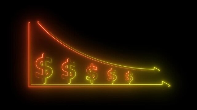 Abstract neon line dollar business graph animation. Money loss. Cash with down arrow stocks graph, concept of financial crisis, market fall. Declining profits financial graph animation with down arrow