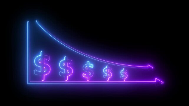 Abstract neon line dollar business graph animation. Money loss. Cash with down arrow stocks graph, concept of financial crisis, market fall. Declining profits financial graph animation with down arrow