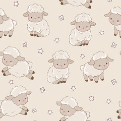 Hand drawn cute sheep seamless pattern beige background kids print vector illustration