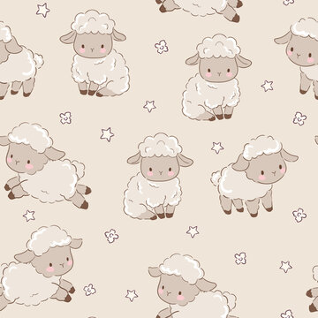 Hand drawn cute sheep seamless pattern beige background kids print vector illustration