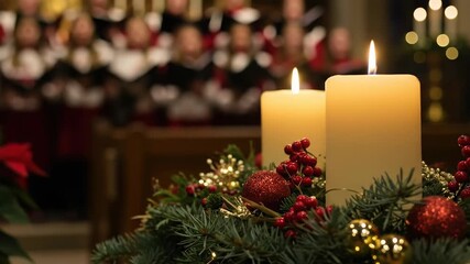 Christmas wreath with candles and decorations, christian church choir singing on Christmas Eve during a celebration service.