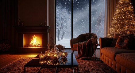 Cozy Winter Living Room with Fireplace and Christmas Tree