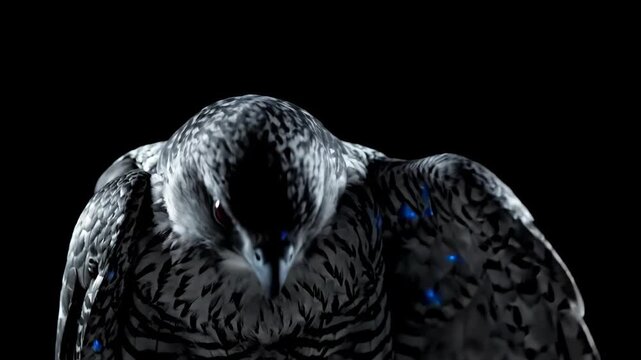 Cyborg falcon with glowing blue eyes and integrated tech in metallic feathers, standing in darkness with a second bird faintly visible, symbolizing futuristic ai and vigilance
