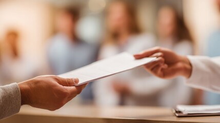 close-up of hands exchanging paperwork at dental reception, blurred background figures male and female, shallow depth of field
