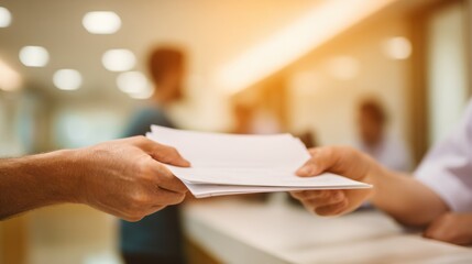 close-up of hands exchanging paperwork at dental reception, blurred background figures male and female, shallow depth of field
