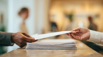 close-up of hands exchanging paperwork at dental reception, blurred background figures male and female, shallow depth of field
