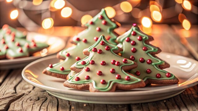 Baking festive christmas tree-shaped cookies home kitchen edible delights warm glowing atmosphere close-up view joyful holiday treats for seasonal celebrations - Powered by Adobe