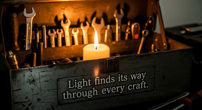 Embrace the festive spirit of making with a unique collection of essential Christmas tools, beautifully illuminated by a candle's warm glow, symbolizing dedication and craft