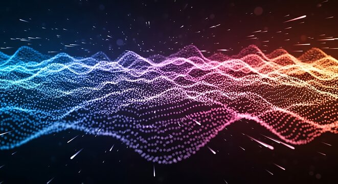 Abstract digital landscape with colorful waves and glowing particles.