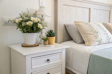 Create a serene minimal modern bedroom with a white nightstand succulent and daisies in clean soft tones
