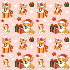 Cute corgi puppies in Santa hats celebrating the holiday season with colorful gifts on a cheerful pink background