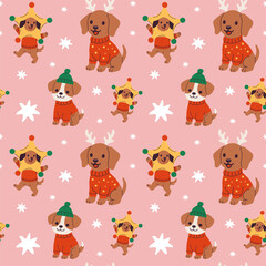 Fototapeta premium Cute dogs in festive sweaters and hats playfully decorated on a pink background during the holiday season