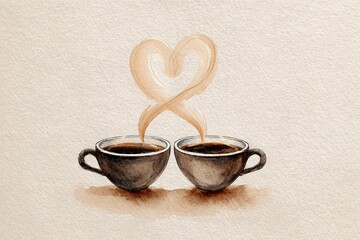 watercolor illustration of two coffee cups forming heart-shaped steam, beige background, cozy valentine vibe 