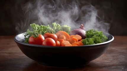 A steaming bowl brimming with fresh colorful vegetables like tomatoes carrots and greens set against a dark rustic background