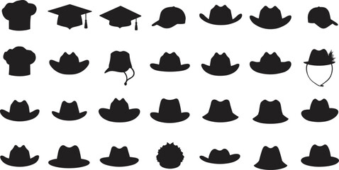 Collection of various hat silhouettes including chef, graduation, cowboy, and baseball caps, black vector illustration icons for fashion, costume, and design projects