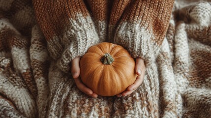 Hands embracing a big pumpkin resting on lap, cozy knitted blanket background, warm autumn palette
