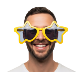 Cheerful man with star sunglasses portrait fun isolated on transparent background