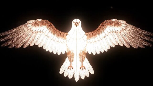 Phoenix bird skeleton appearing amidst a fiery explosion of golden light and dark particles, symbolizing concepts of rebirth, renewal, power, and transformation from destruction