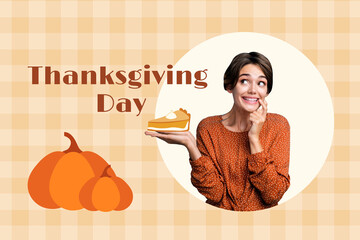 Full image pop contemporary photo collage of happy girl hold pumpkin piece pie thanksgiving day autumn holiday celebration