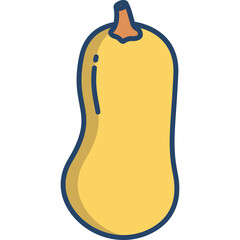 Yellow Butternut Squash with a Stem and Blue Outline Isolated on a Transparent Background