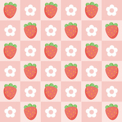 Strawberries and white flowers on a checkered background. A cute and modern children's pattern.