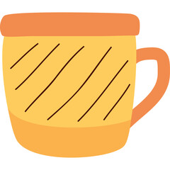 Yellow ceramic mug with orange rim and handle featuring diagonal brown lines for a simple beverage container design