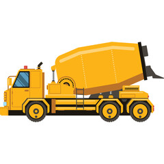 Yellow Concrete Mixer Truck With Six Wheels And Blue Windows In Side View On A White Background