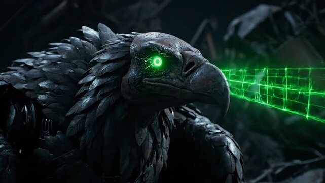 Vulture-like fantasy animatronic creature with black feathers and a menacing glowing red eye, portraying evil and danger in a dark, cinematic close-up