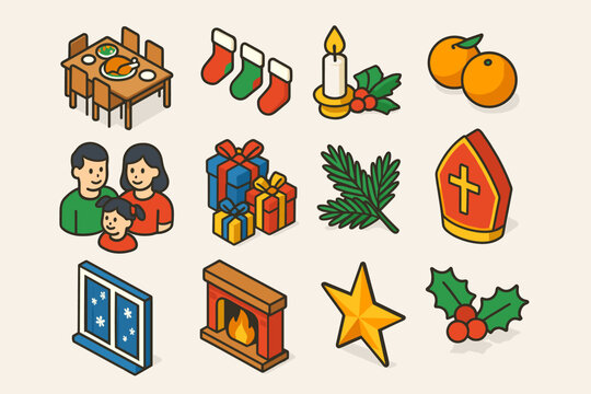 Festive Holiday Icons. Family Celebration Evening modern flat icon set: table with food, stockings, candlelight, oranges, gifts, pine sprig, joyful family, bishop hat, snow outside