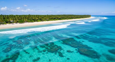 Obraz premium Aerial view of tropical beach with turquoise water and palm trees.