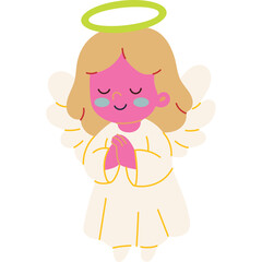 Cartoon angel character with blonde hair pink face and closed eyes wearing white dress and halo with light green ring