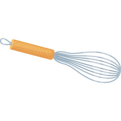 A Kitchen Whisk with a Wooden Handle and Silver Metal Wire Loops for Mixing and Whisking Ingredients on a Transparent Background
