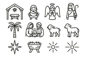 Fototapeta premium Traditional Nativity Icons. Traditional Nativity Display outline icon set: manger, baby figure, angel, shepherd, lamb, ox, palm, star, holy family, wooden stable, hay bed, radiant