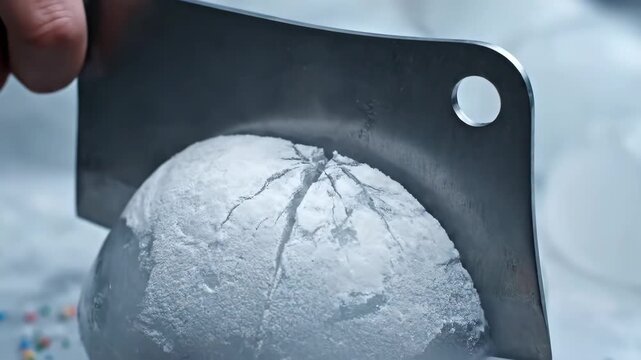 Cleaver blade pressing into a frosted ice sphere, causing cracks to form on its surface, illustrating concepts of force, resistance, and rupture in a cold environment