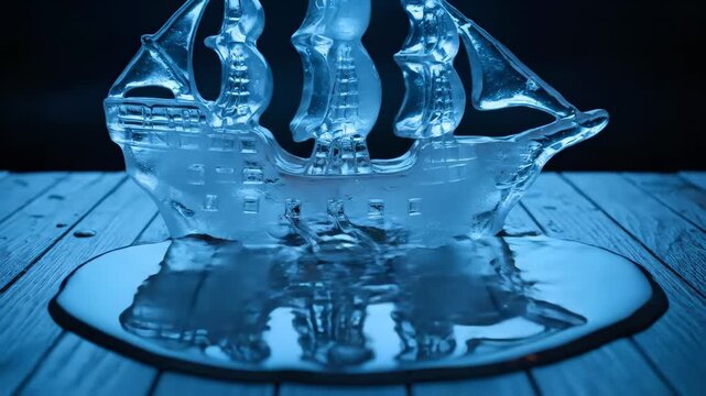 Melting ice ship being cut by a glowing hot knife, creating a stark contrast representing concepts of change, destruction, crisis, and vulnerability on a dark background