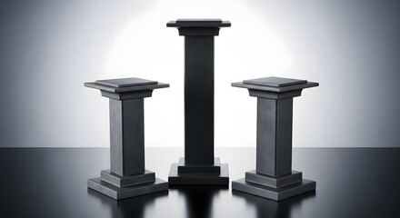Three Black Pedestal Podium Platforms for Product Display Presentation Stand Against White Background with Dark Floor and Reflection 150 Characters